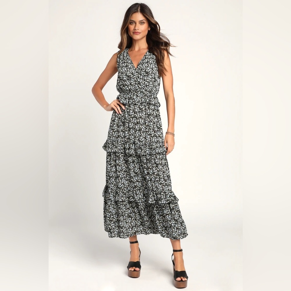 Lulus Black Floral Print Tiered Maxi Dress